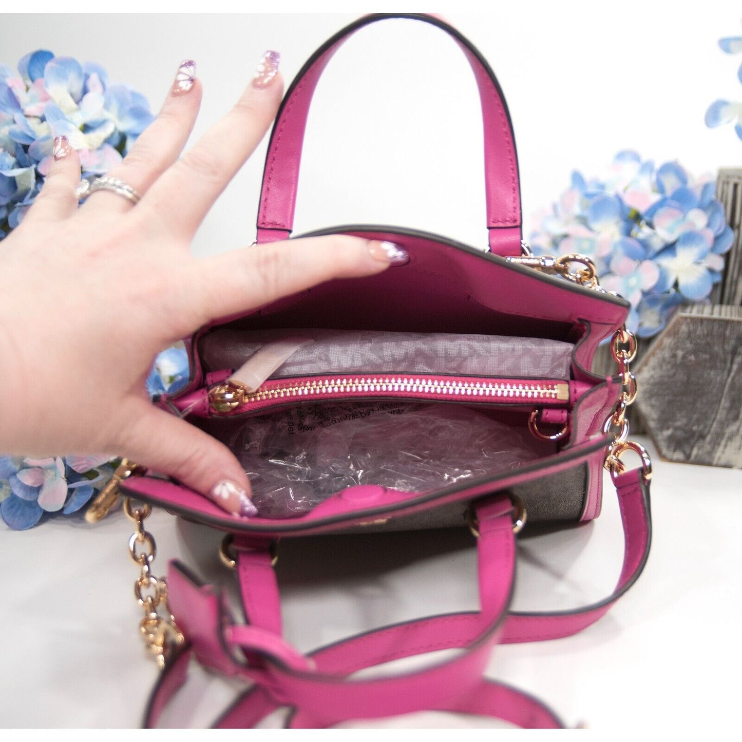 Michael Kors Brown Monogram Cerise Leather Chantal Mini Satchel Bag NWT