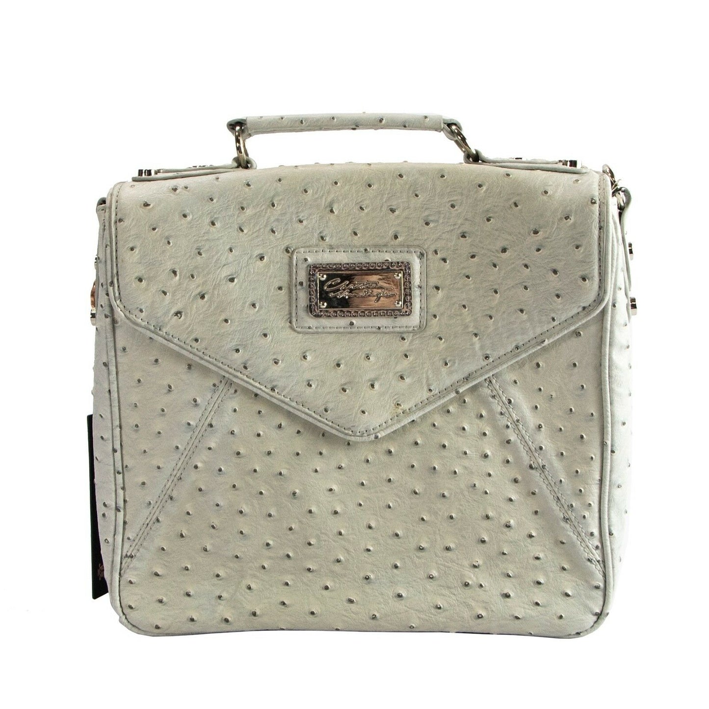 Christian Audigier Claudia Grey Ostrich Faux Leather Satchel Shoulder Bag NWT