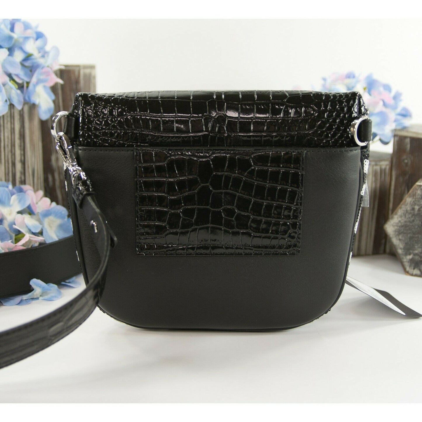 MCM Limited Edition Geo Croco Black White Sequin Logo Convertible Belt Bag NWT