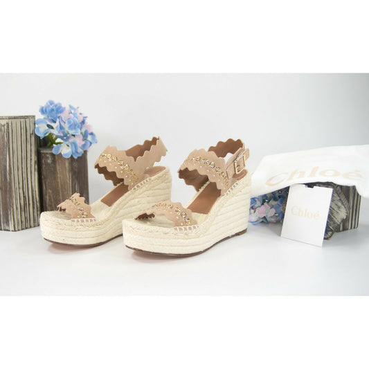 Chloe Lauren Studded Grommet Suede Espadrille Wedge Heels Sandals Size 37 NIB