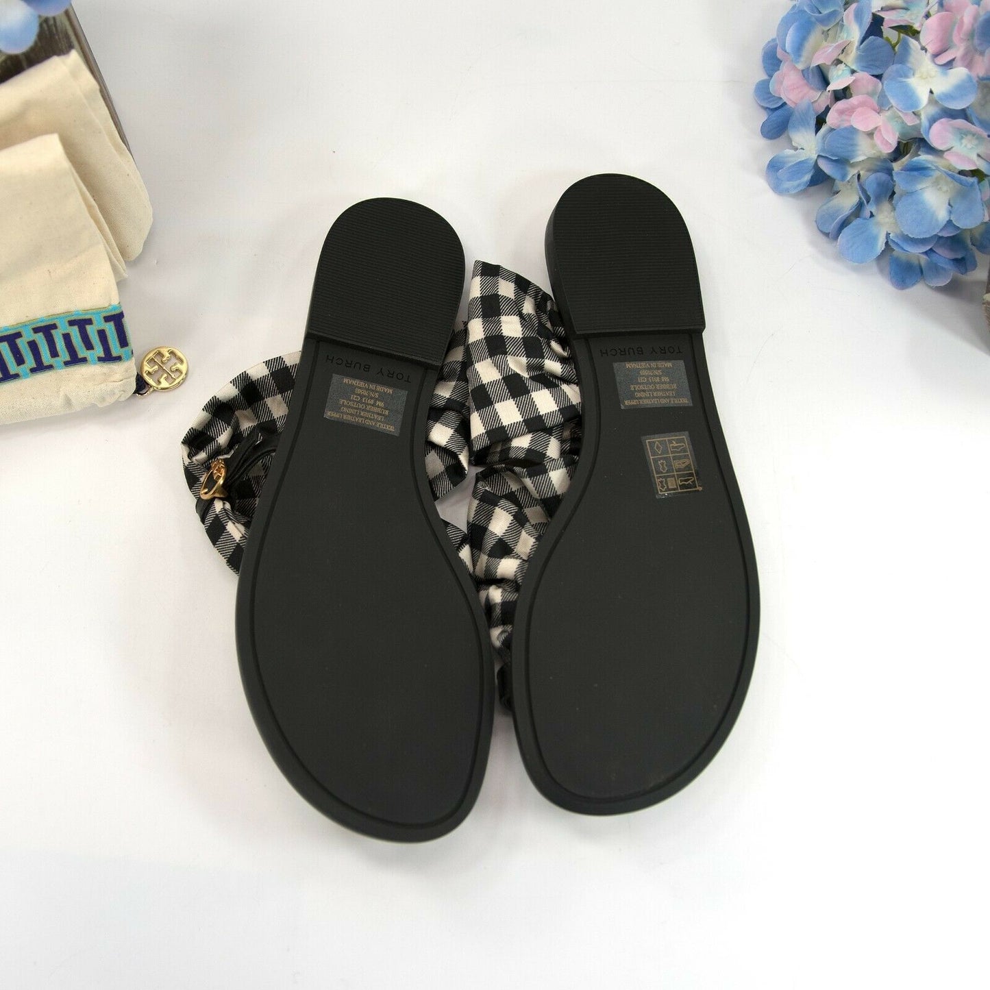 Tory Burch Black New Ivory Gingham Twill Leather Selby Scarf Sandals Size 8 NIB