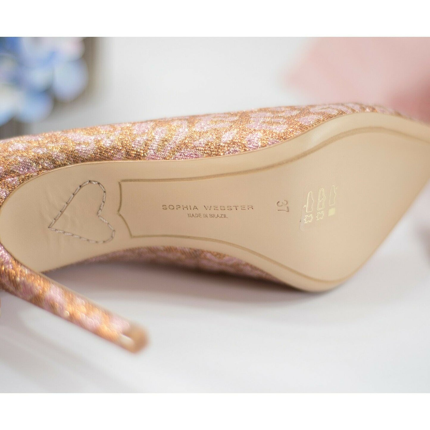 Sophia Webster Rio 100mm Rose Gold Pink Leopard Stilleto Heels Size 37 7 NIB