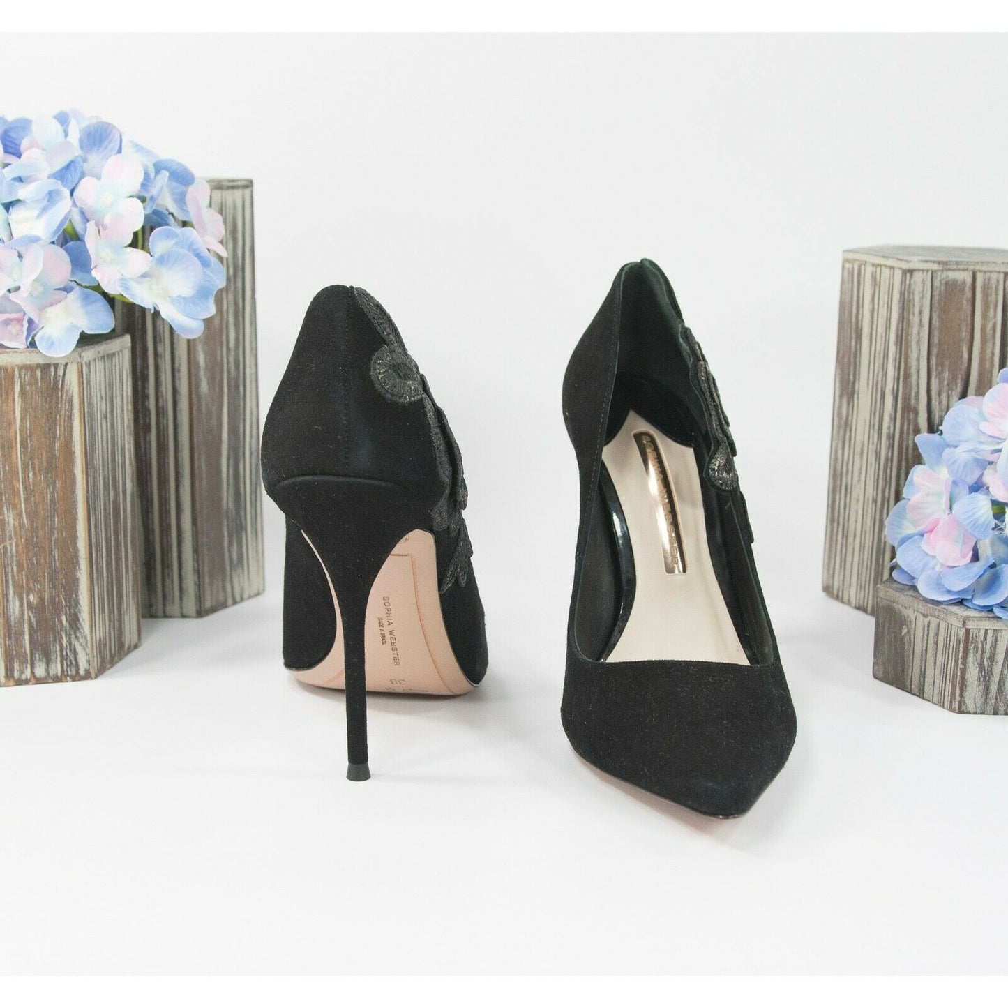 Sophia Webster Black Floral Applique Suede High Heel Pump Shoes 38
