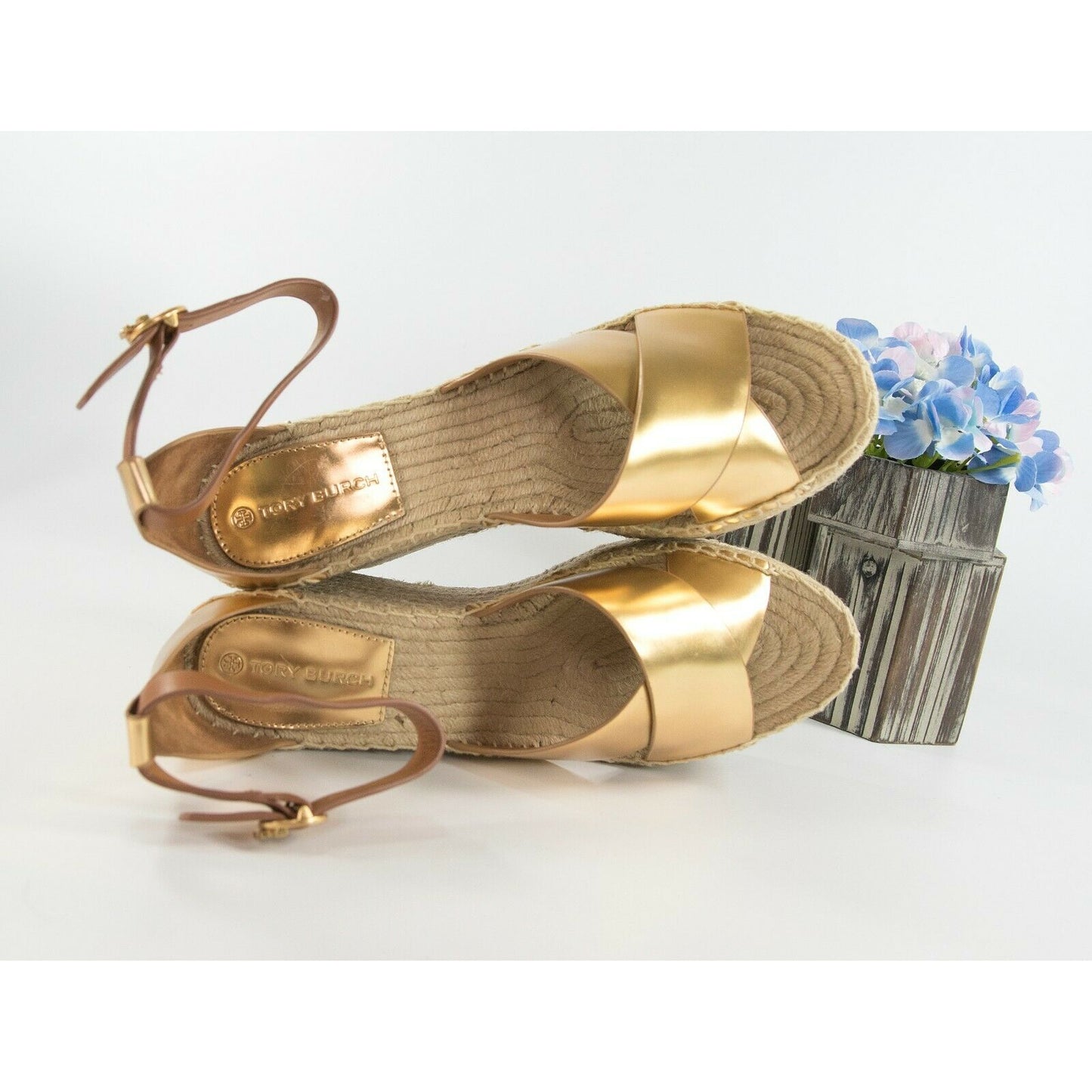 Tory Burch Selby 105MM Old Gold Calf Leather Platform Espadrille Wedge Heels 9.5