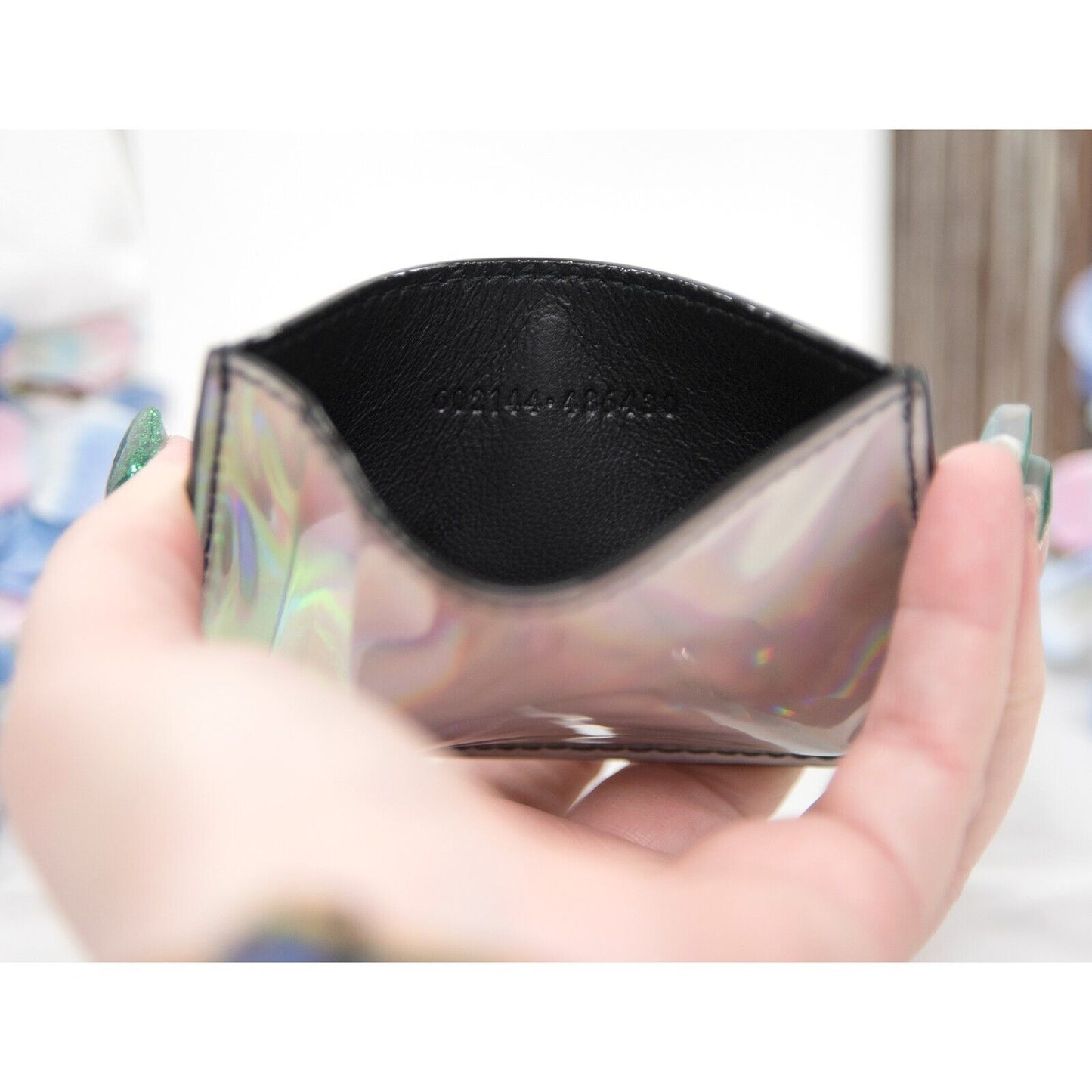 Alexander McQueen Ribcage Iridescent Leather Logo Card Case Mini Wallet NWT