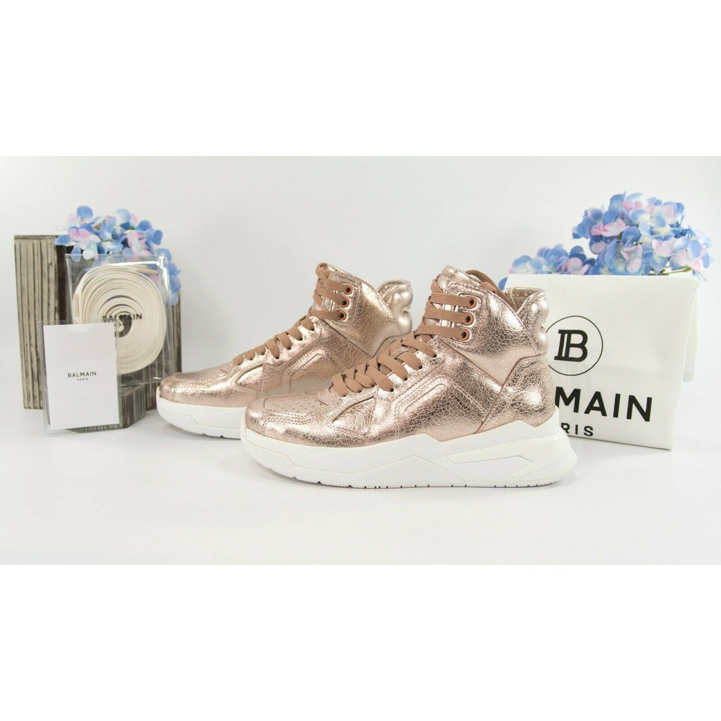 Balmain Rose Gold B-Ball High Top Leather Sneakers 38 NIB