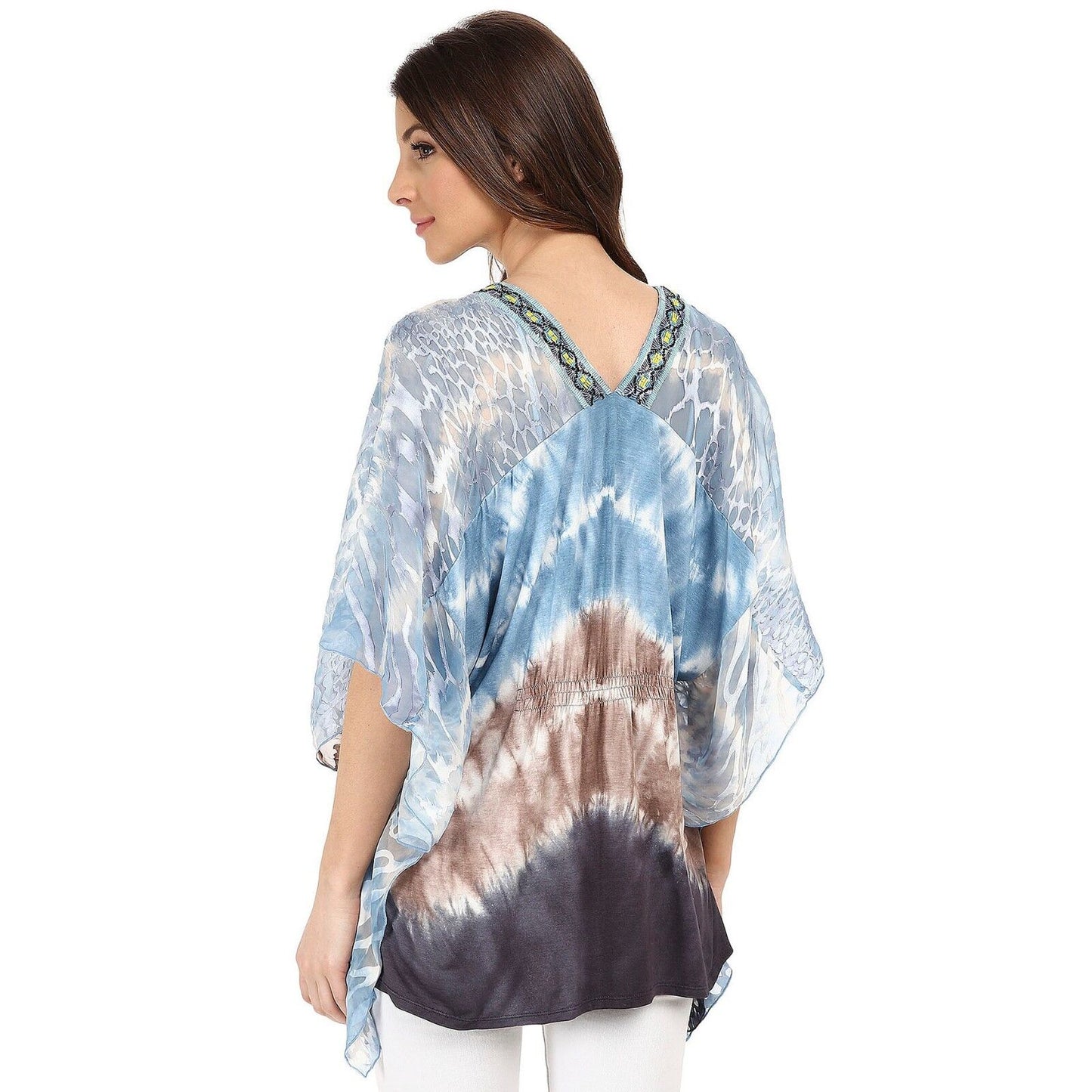 Hale Bob Blue Taupe Silk Burnout Dip Dye Beaded Dolman Top Shirt Blouse Sz S NWT
