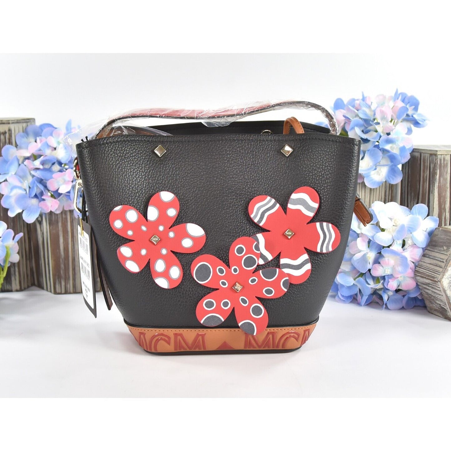 MCM Red Black Goatskin Mini Upcycling Project Flower Milano Drawstring Bag NWT
