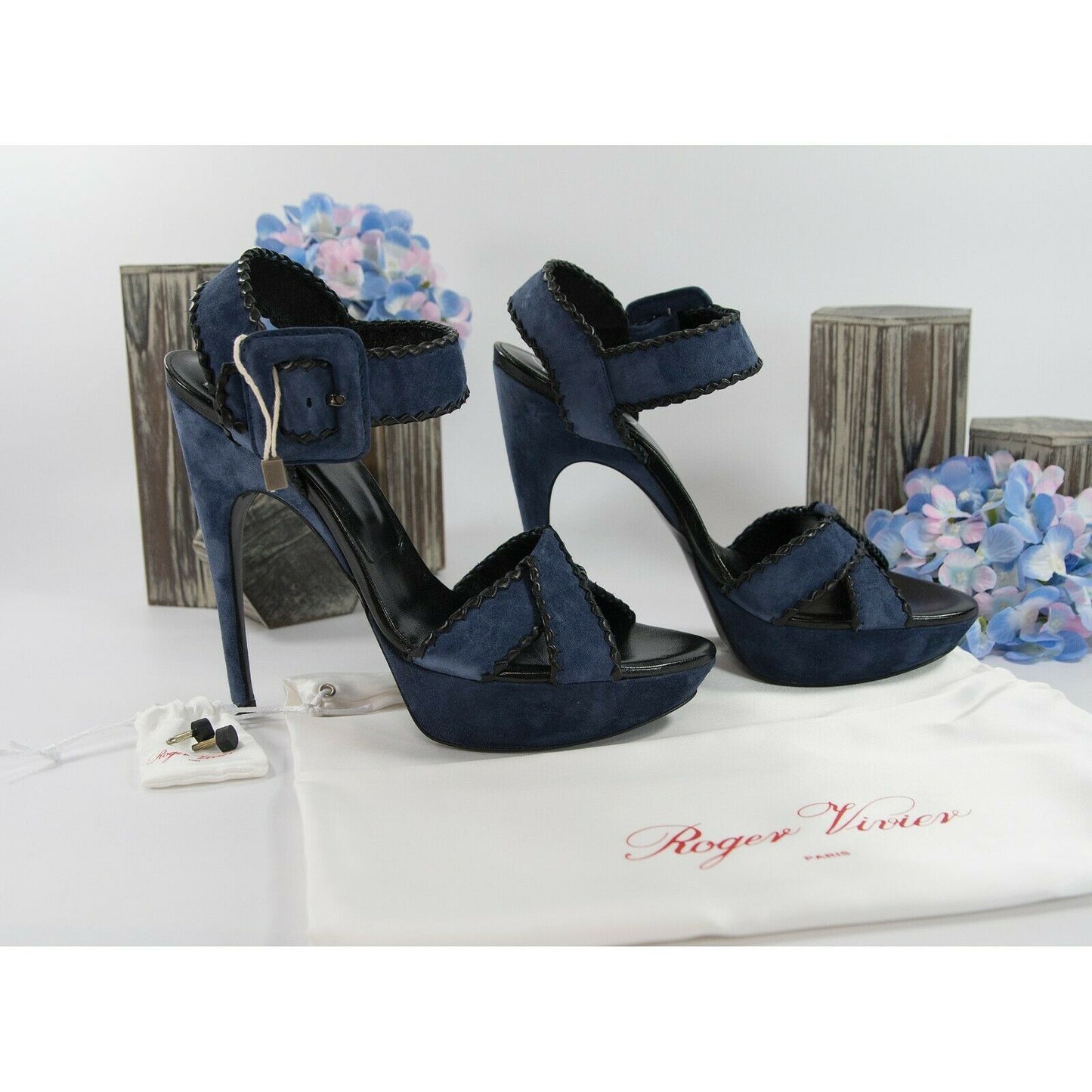 Roger Vivier Electric Blue Suede Lacey Whipstitch Platform Heels Size 40 10 NIB