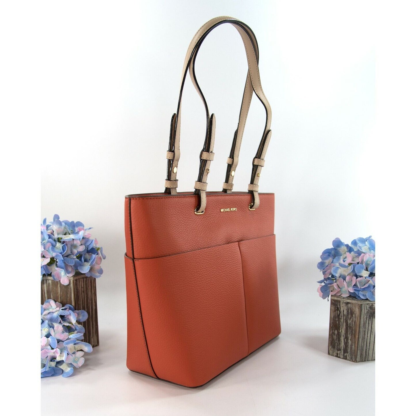 Michael Kors Orange Spice Leather East West Top Zip Pocket Tote Bag NWT