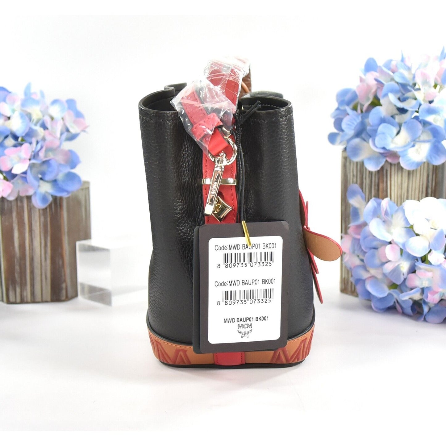 MCM Red Black Goatskin Mini Upcycling Project Flower Milano Drawstring Bag NWT