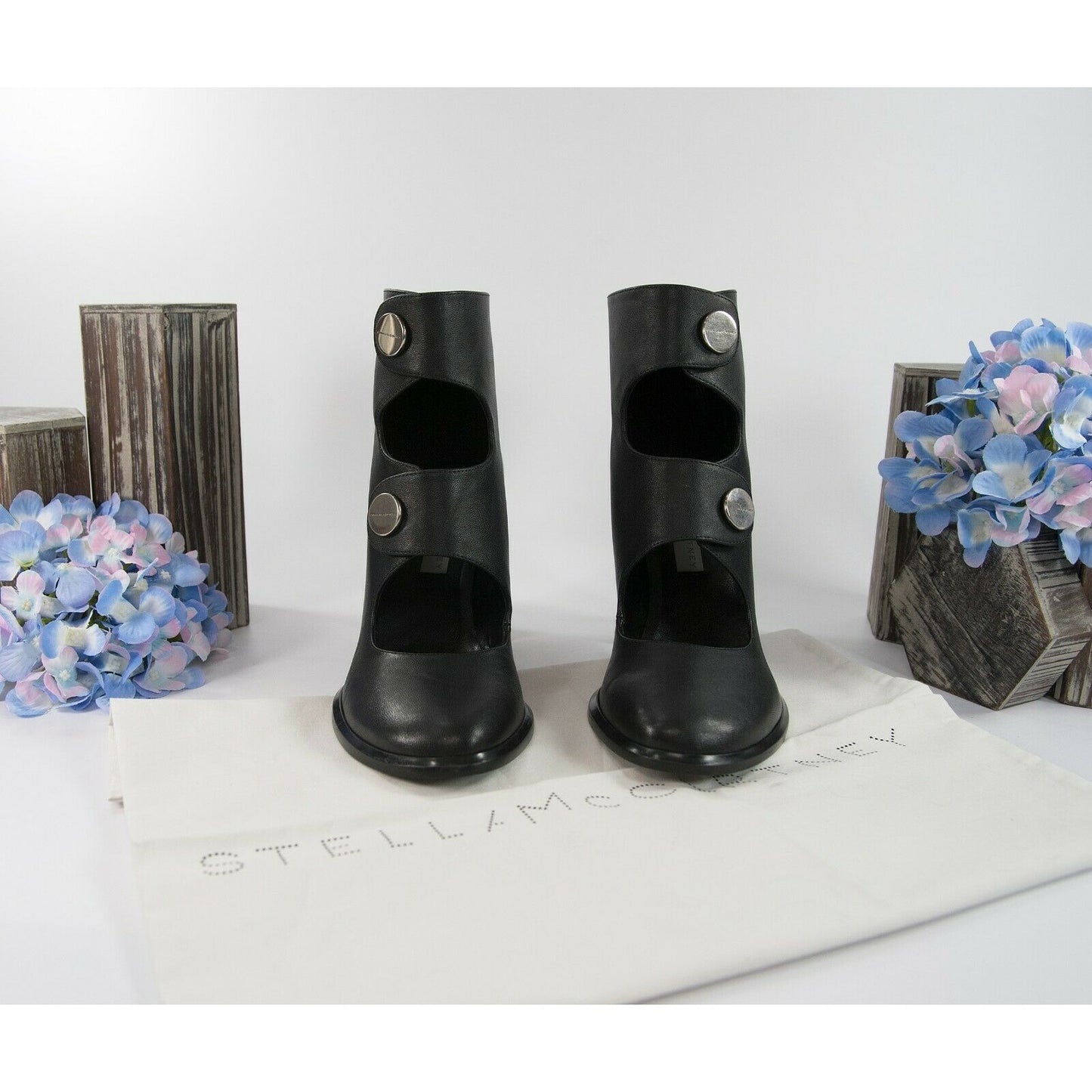 Stella McCartney Black Faux Leather Vegan Posie Bootie Tortoise Heels 37.5 NIB