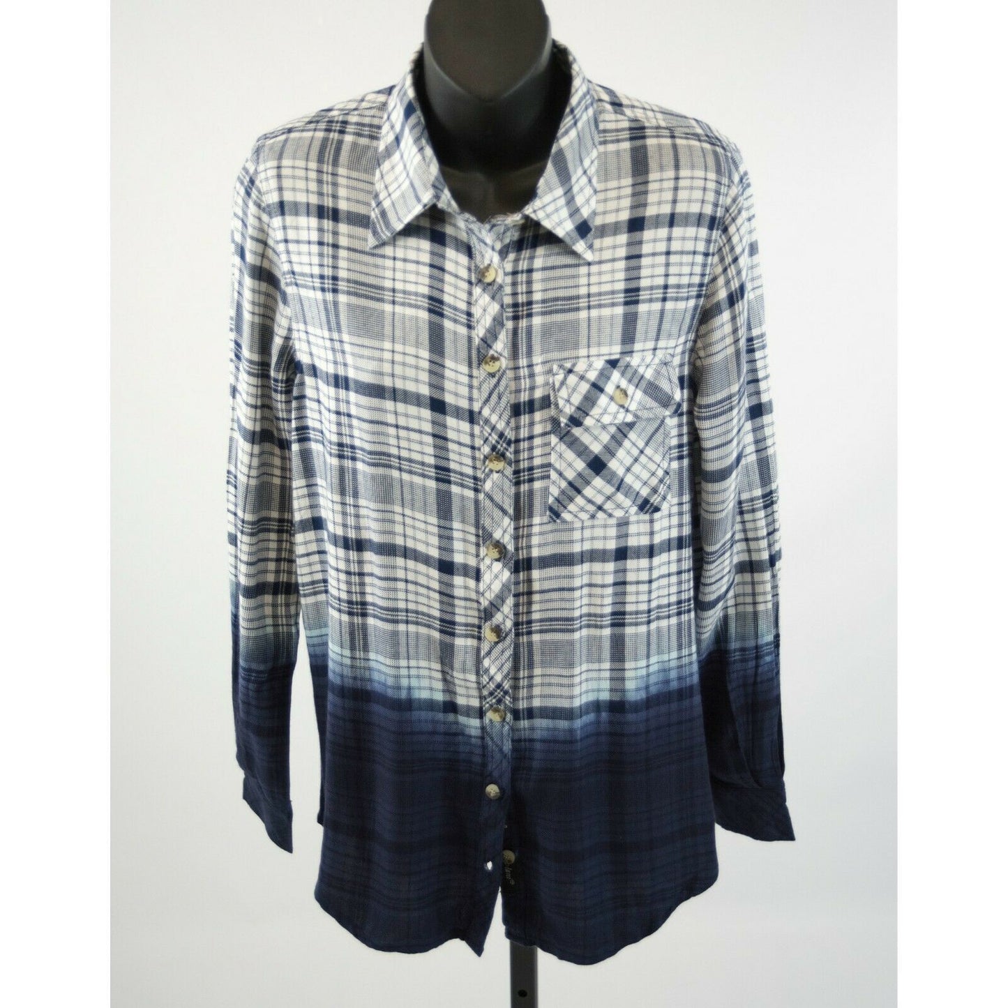 Tolani Emma Plaid Blue Viscose Dip Dye Button Down Blouse NWT $295