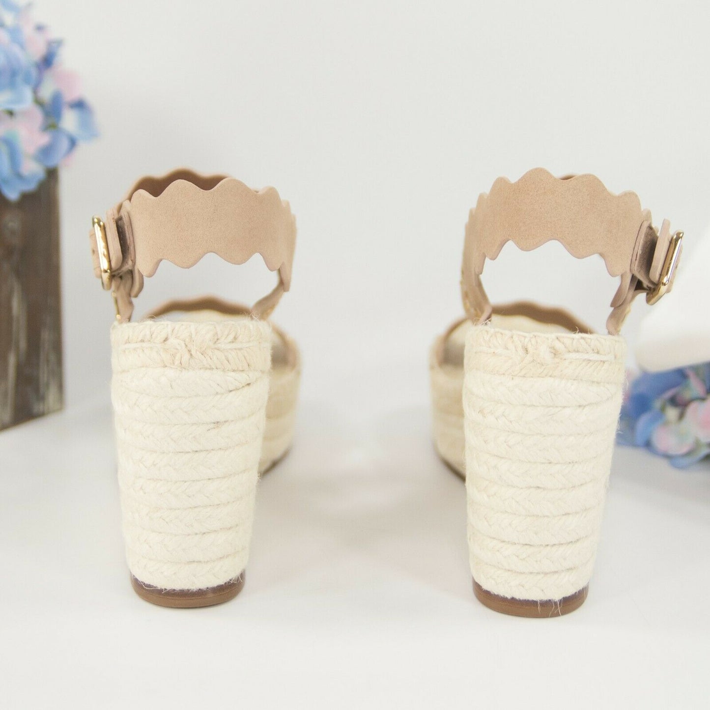 Chloe Lauren Studded Grommet Suede Espadrille Wedge Heels Sandals Size 37 NIB