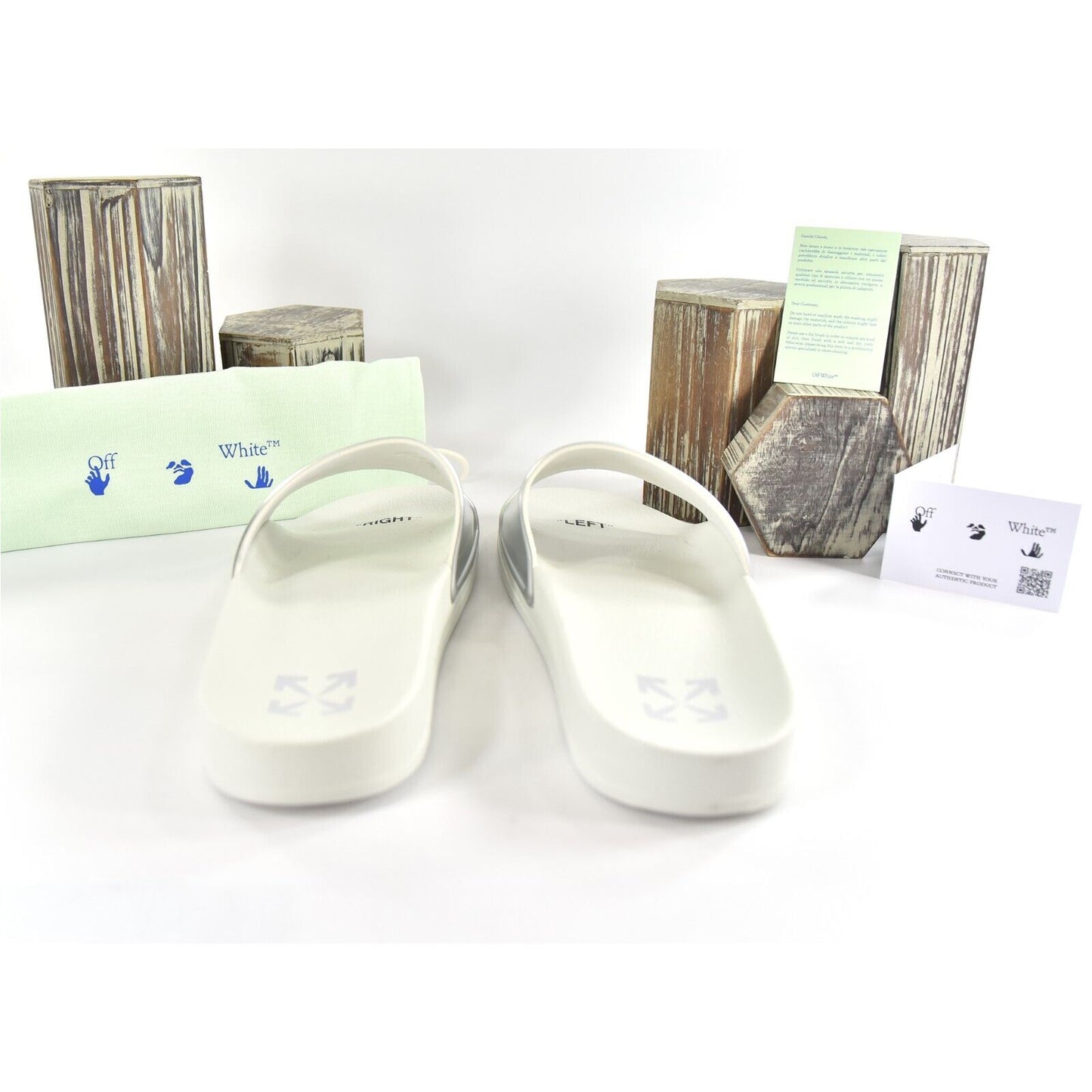 Off-White HF Mirror Silver Arrow Embossed Logo Rubber Pool Slides 43 NIB
