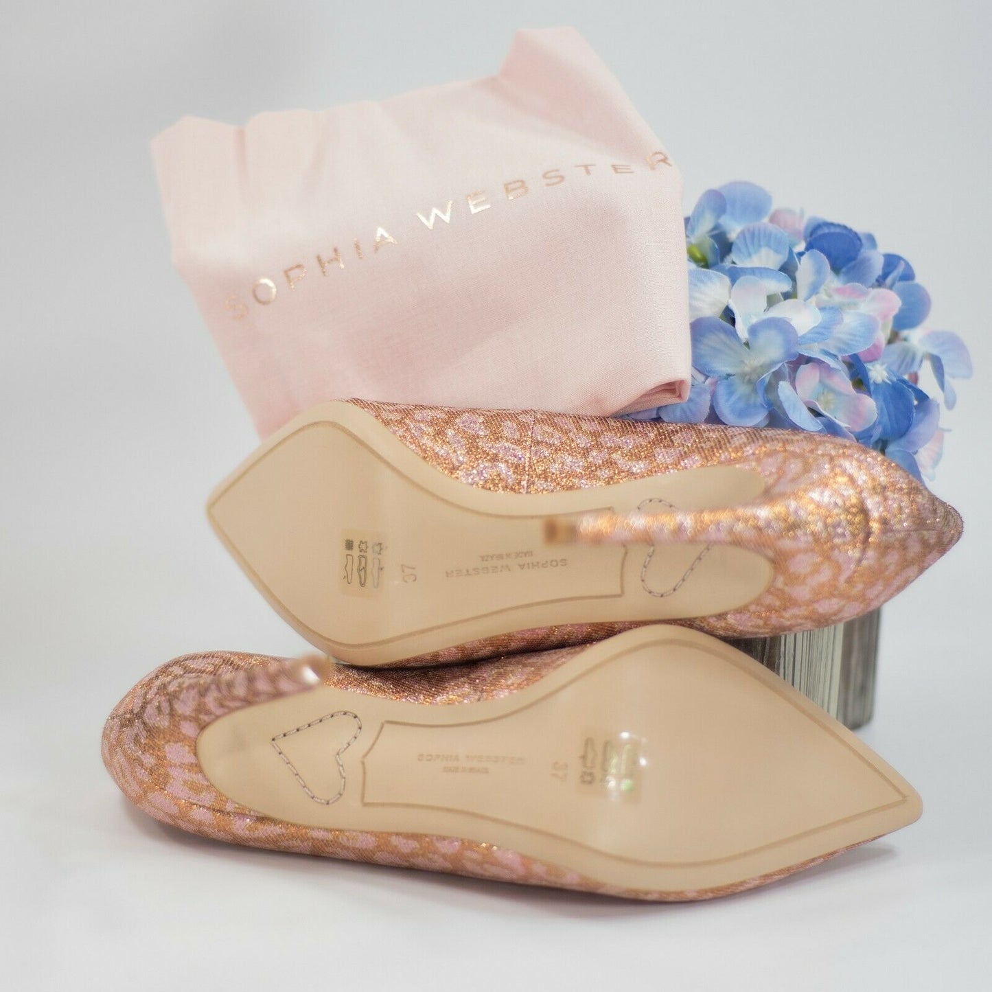 Sophia Webster Rio 100mm Rose Gold Pink Leopard Stilleto Heels Size 37 7 NIB