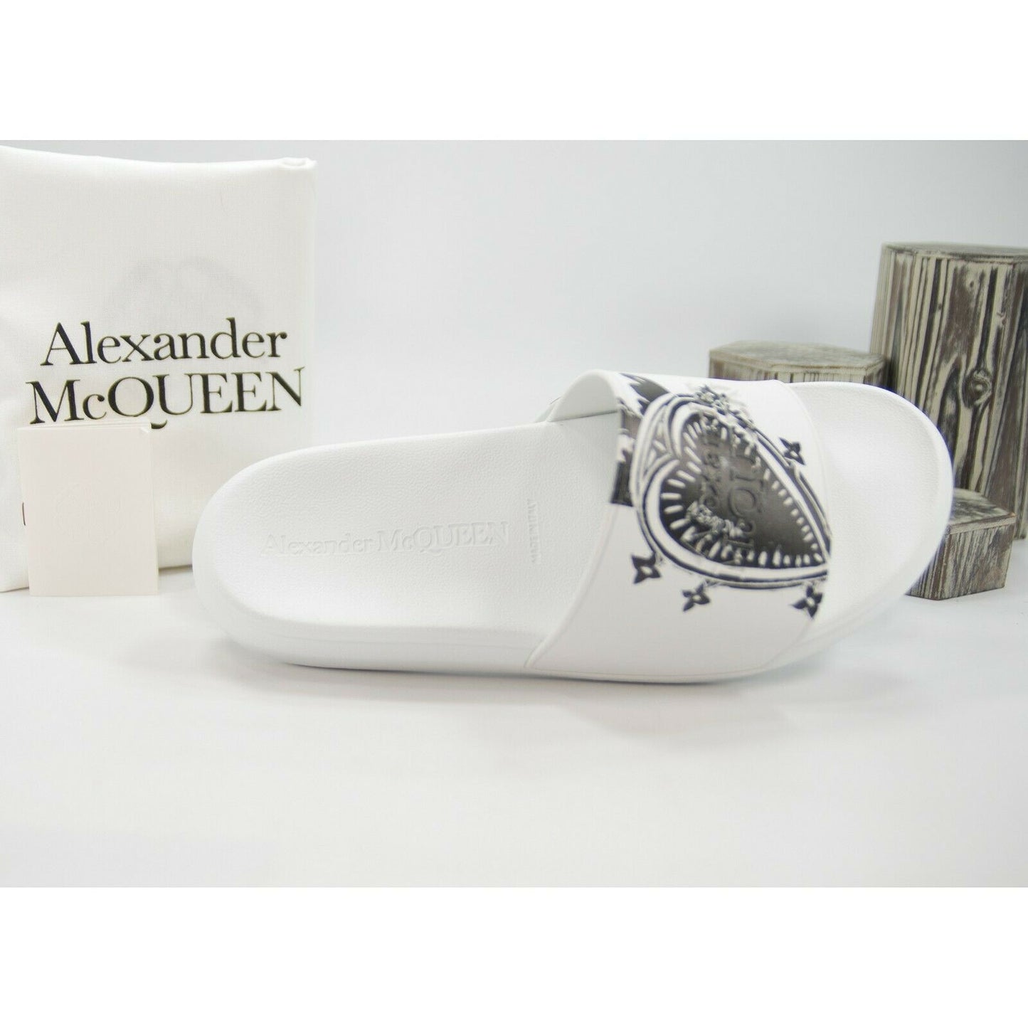 Alexander McQueen Mens White Heart Logo Leather Rubber Pool Slides 45 12 NIB
