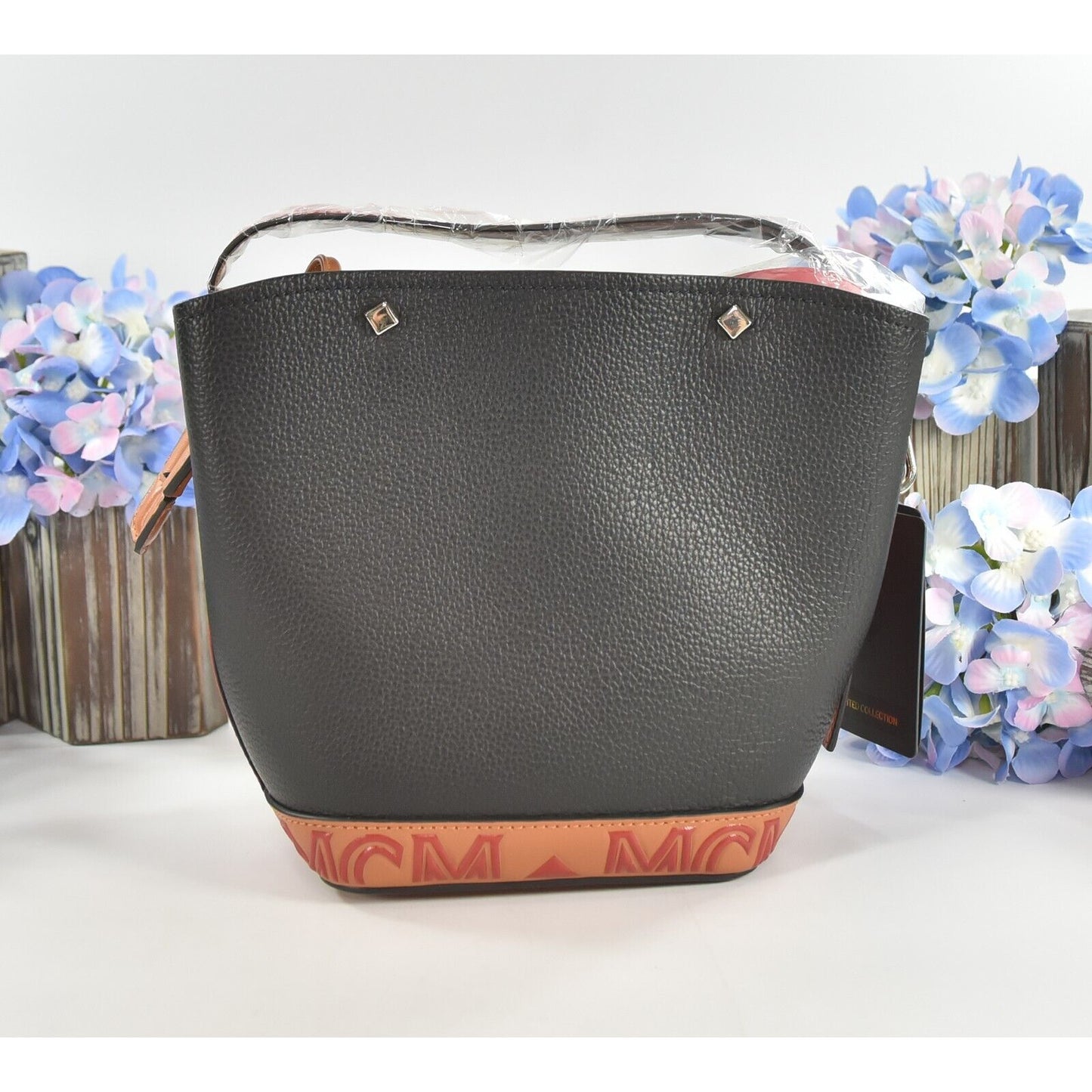 MCM Red Black Goatskin Mini Upcycling Project Flower Milano Drawstring Bag NWT