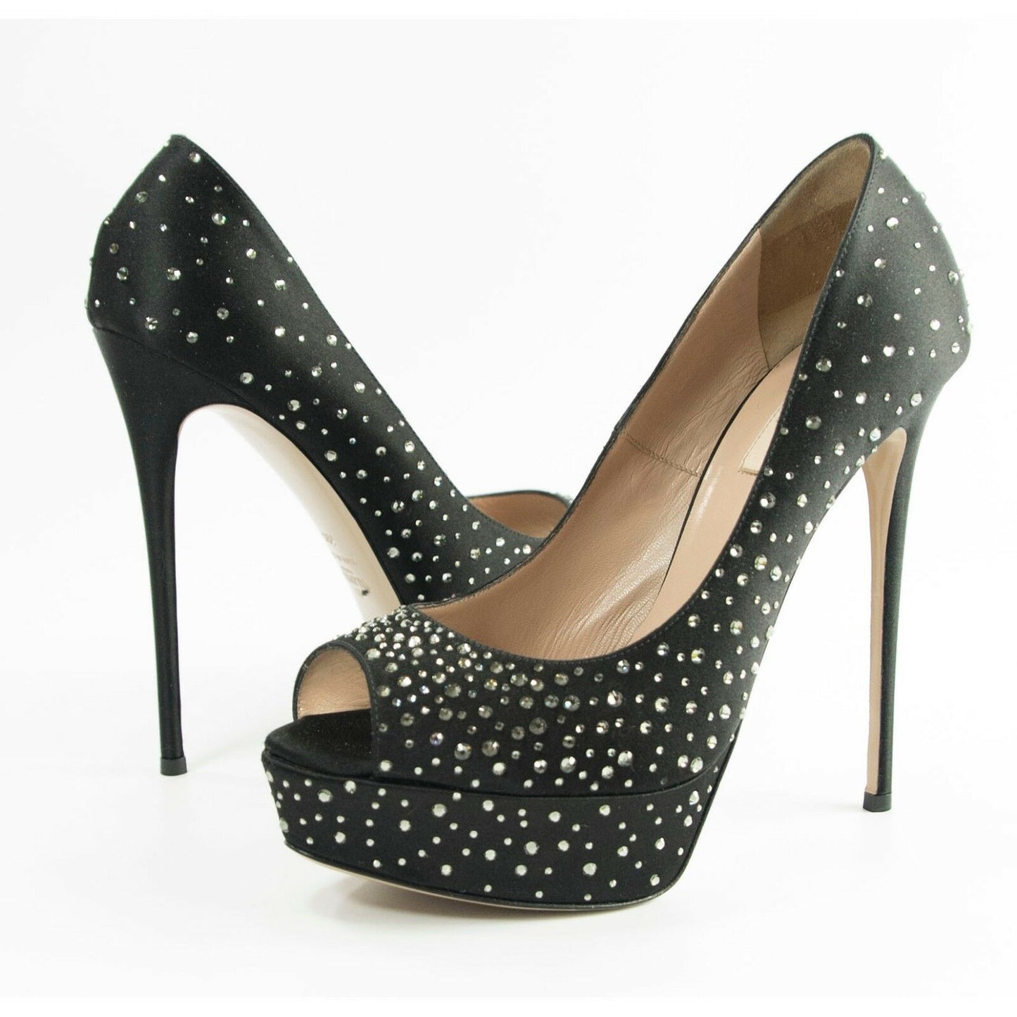 Valentino Black Satin Crystal Peep Toe Platform Runway Heels 39.5 9.5 $1950