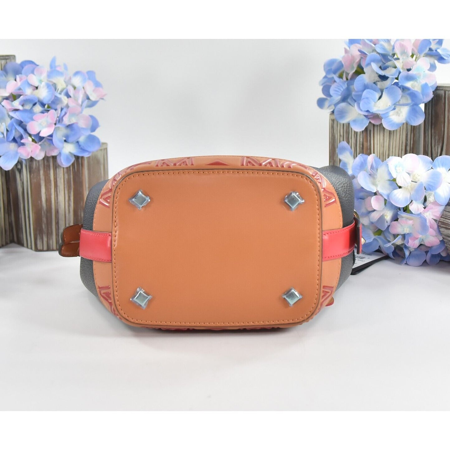 MCM Red Black Goatskin Mini Upcycling Project Flower Milano Drawstring Bag NWT