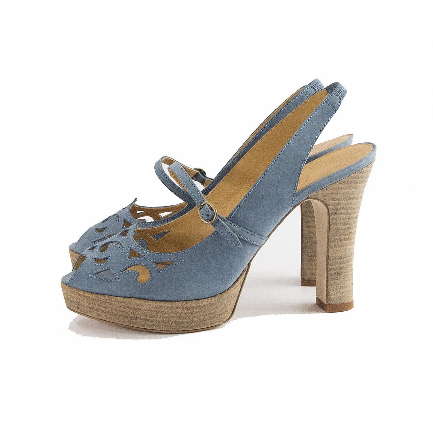 Delman Sahara Blue Suede Mary Jane Cut Out Platform Sandal Heels 9