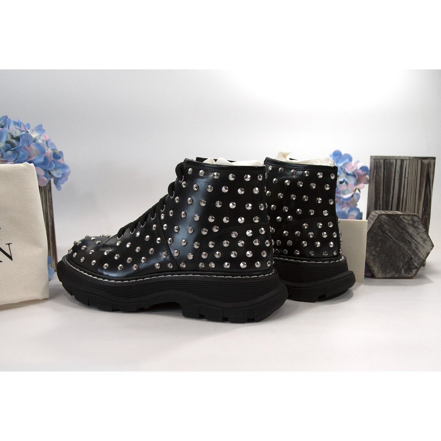 Alexander McQueen Tread Slick Studded Black Leather Lug Sole Boots 37 NIB