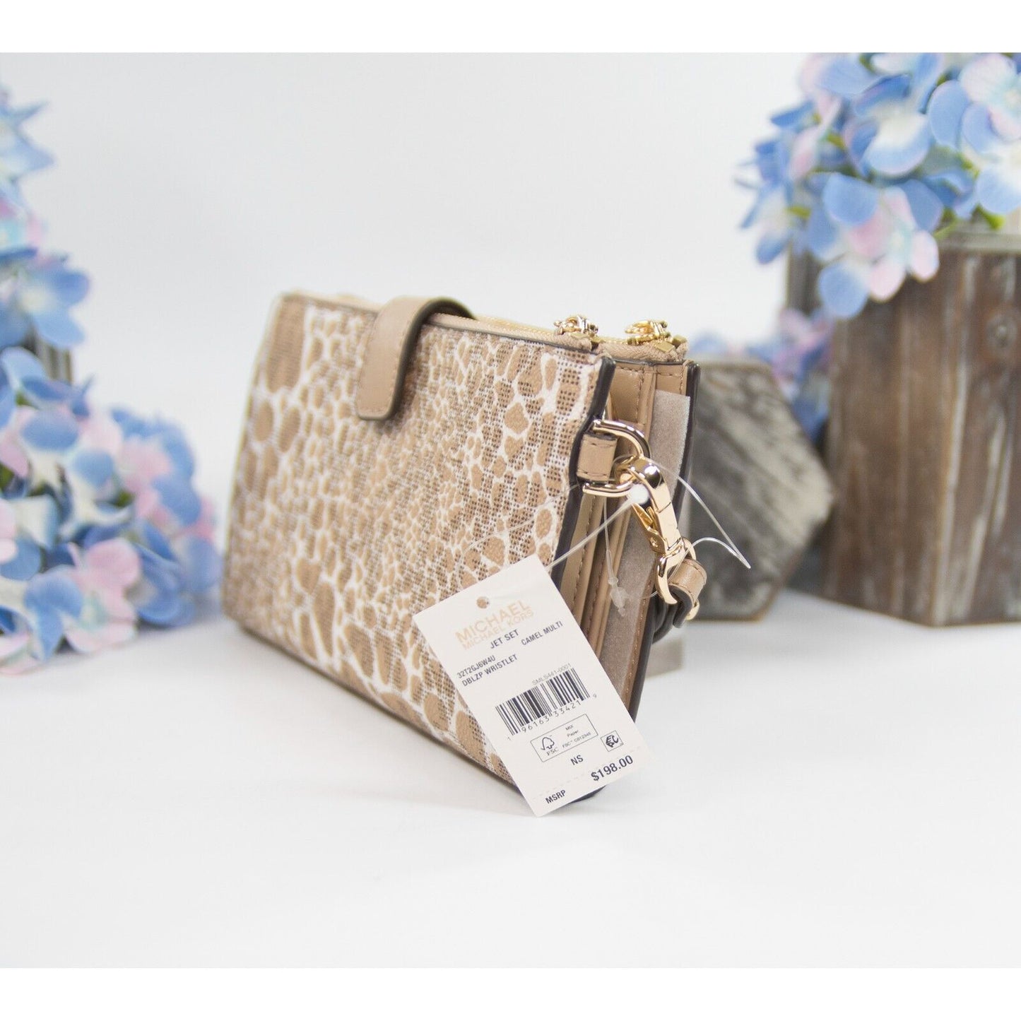 Michael Kors Jet Vanilla Monogram Camel Zebra Double Zip Phone Wallet NWT