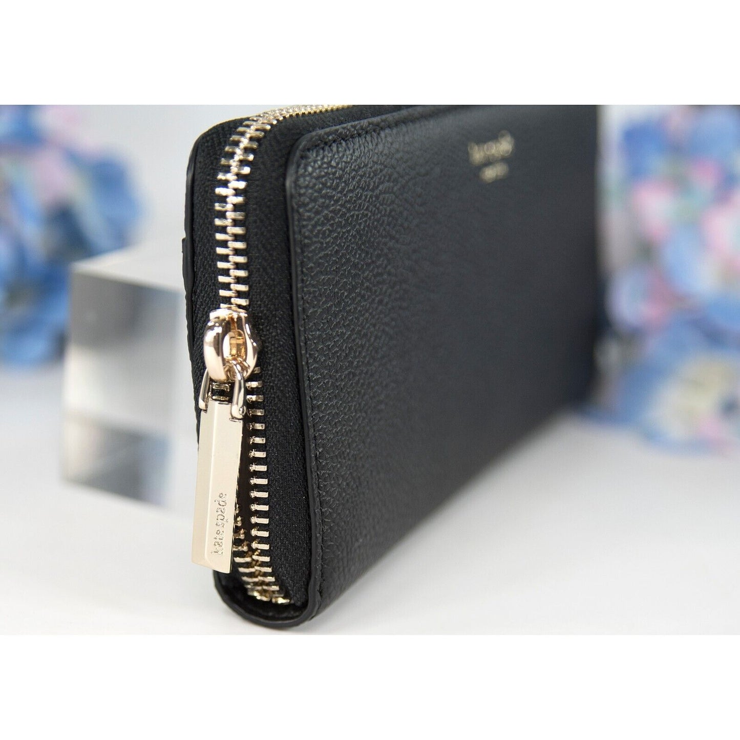 Kate Spade Black Leather Margaux Slim Zip Around Lacey Wallet NWT