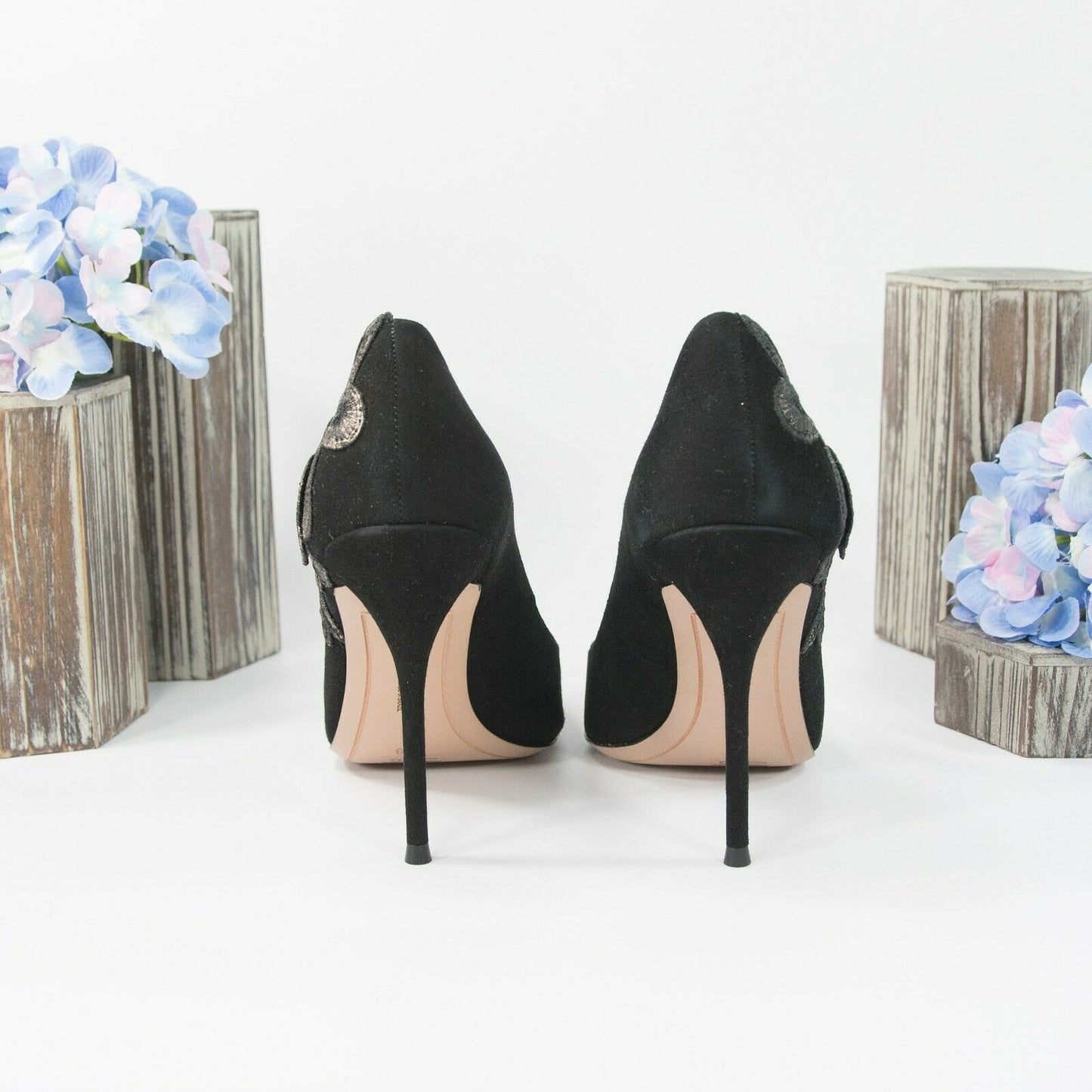 Sophia Webster Black Floral Applique Suede High Heel Pump Shoes 38