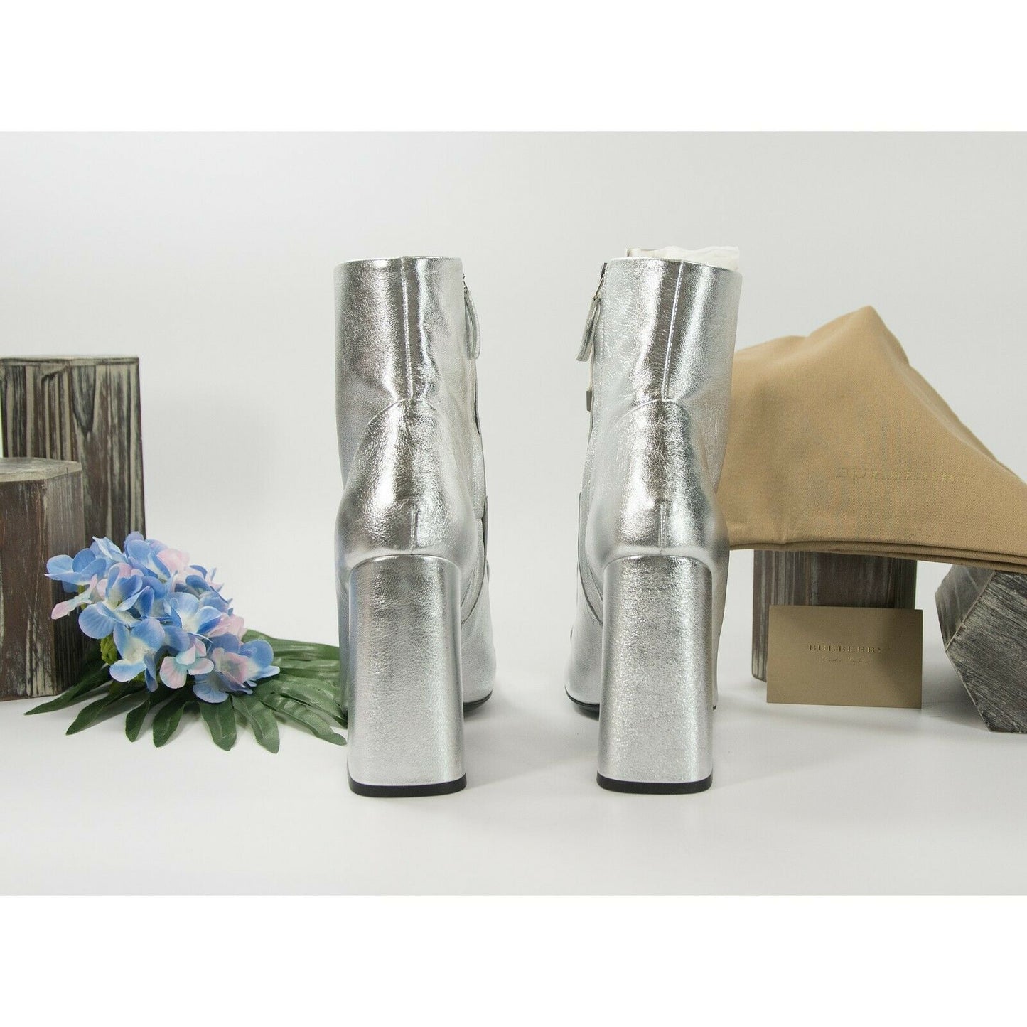 Burberry Metallic Silver Leather Brabant Zip Ankle Booties Boots Size 39.5