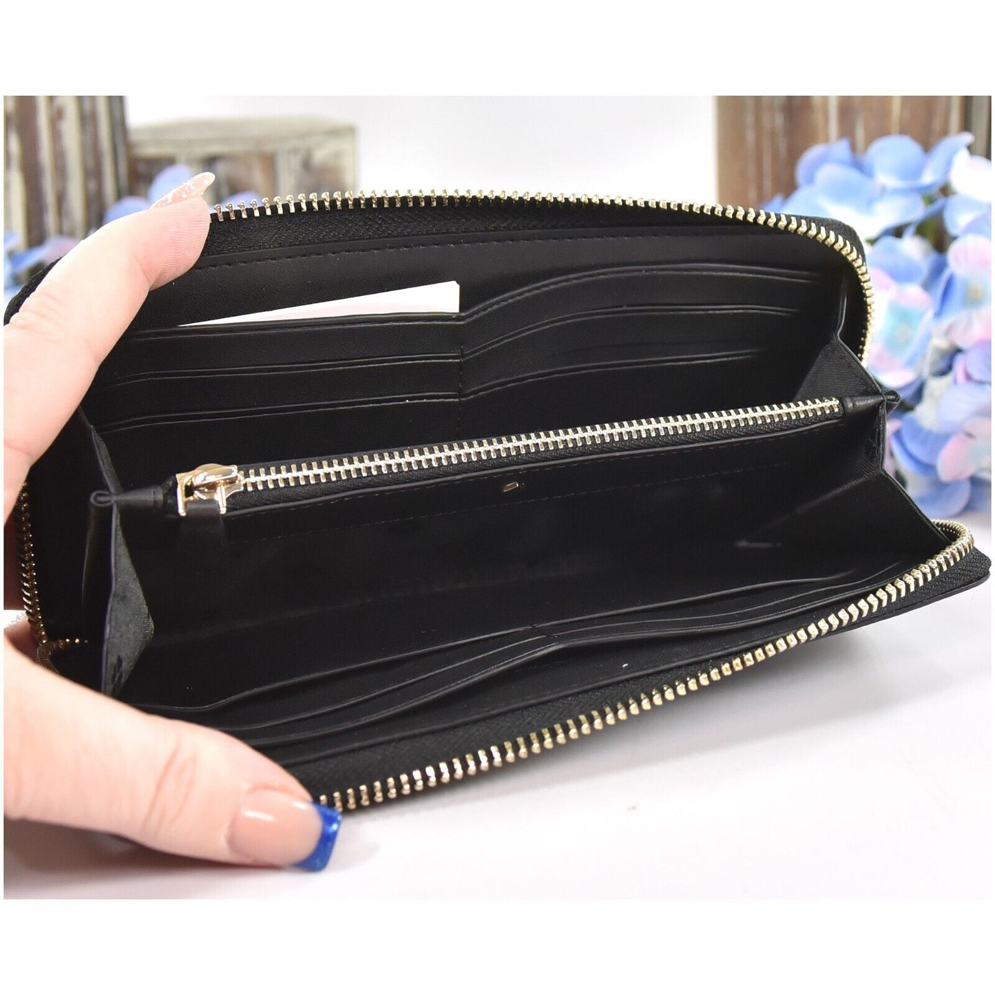 Kate Spade Black Silver Metallic Dot Leather Spencer Zip Around Lacey Wallet NWT