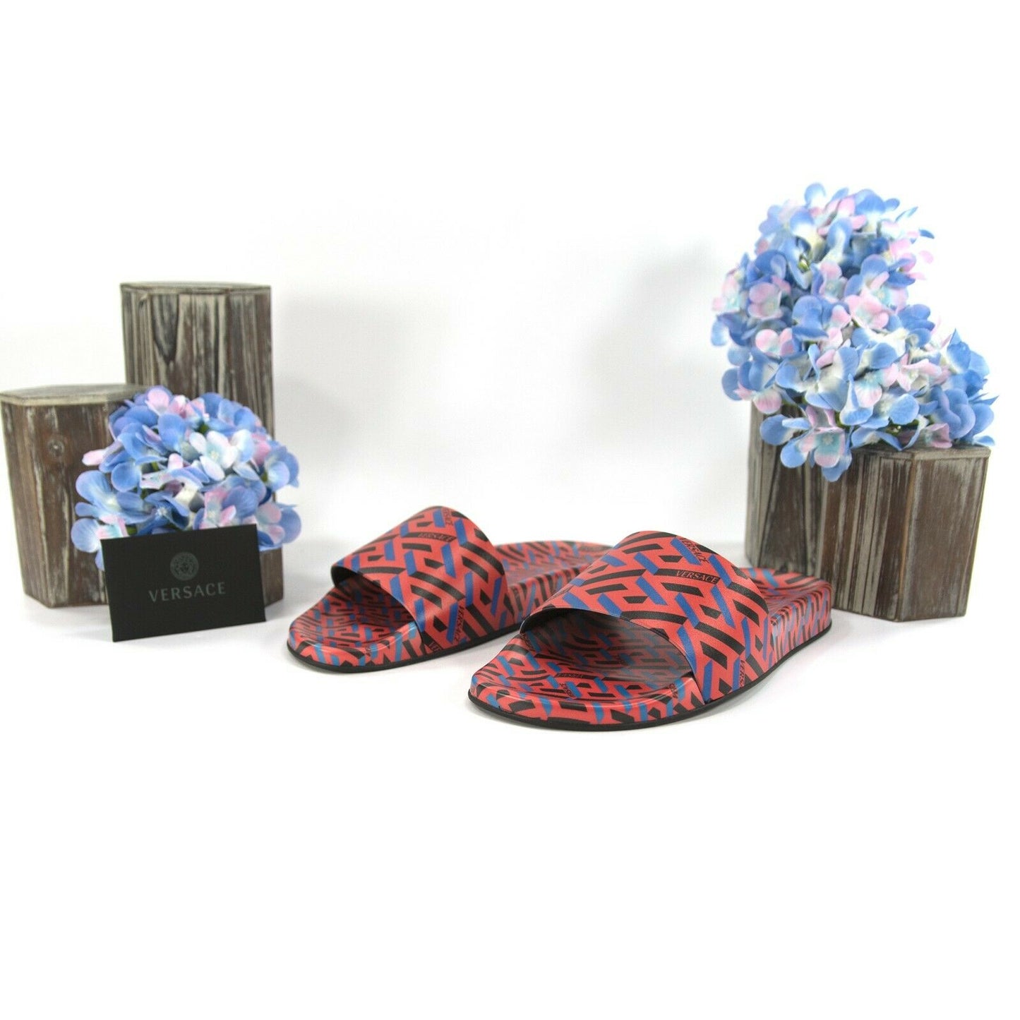Versace Domma Stampa Greca Orange Peel Blue Logo Leather Pool Slides 37 NIB