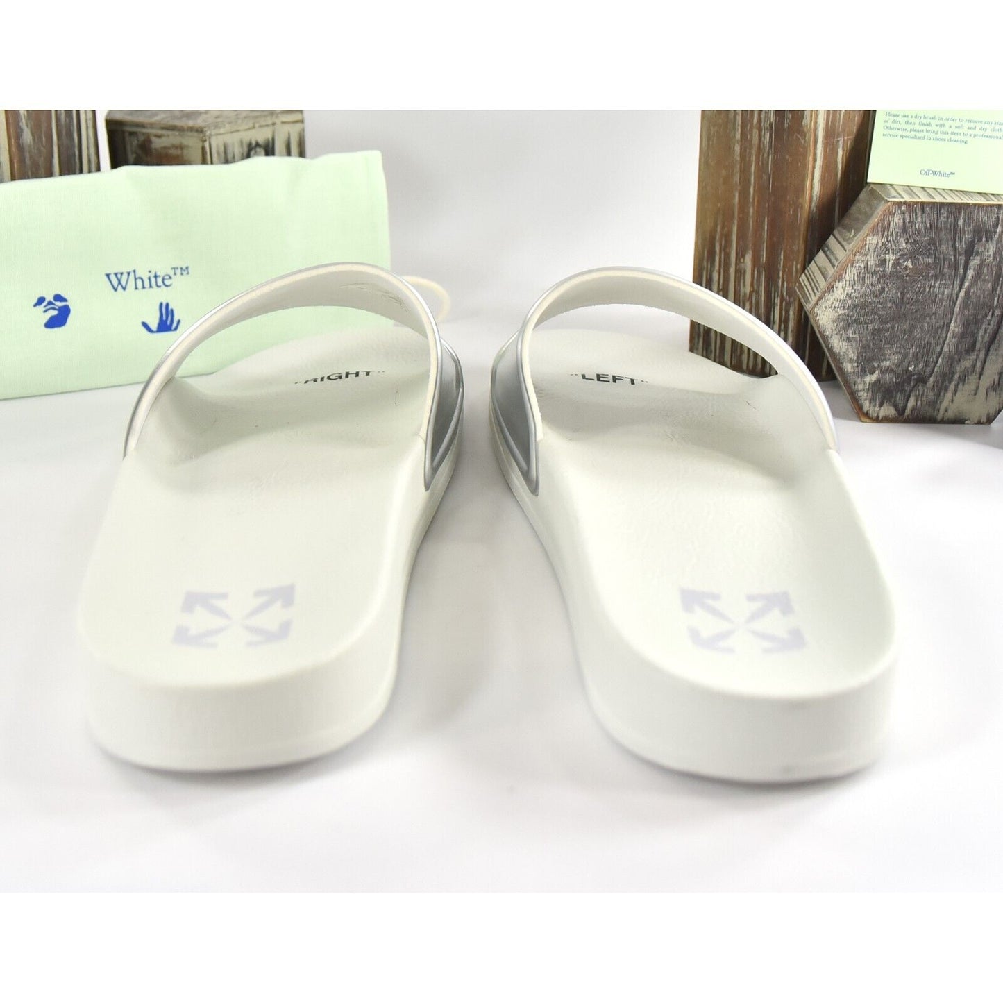Off-White HF Mirror Silver Arrow Embossed Logo Rubber Pool Slides 43 NIB