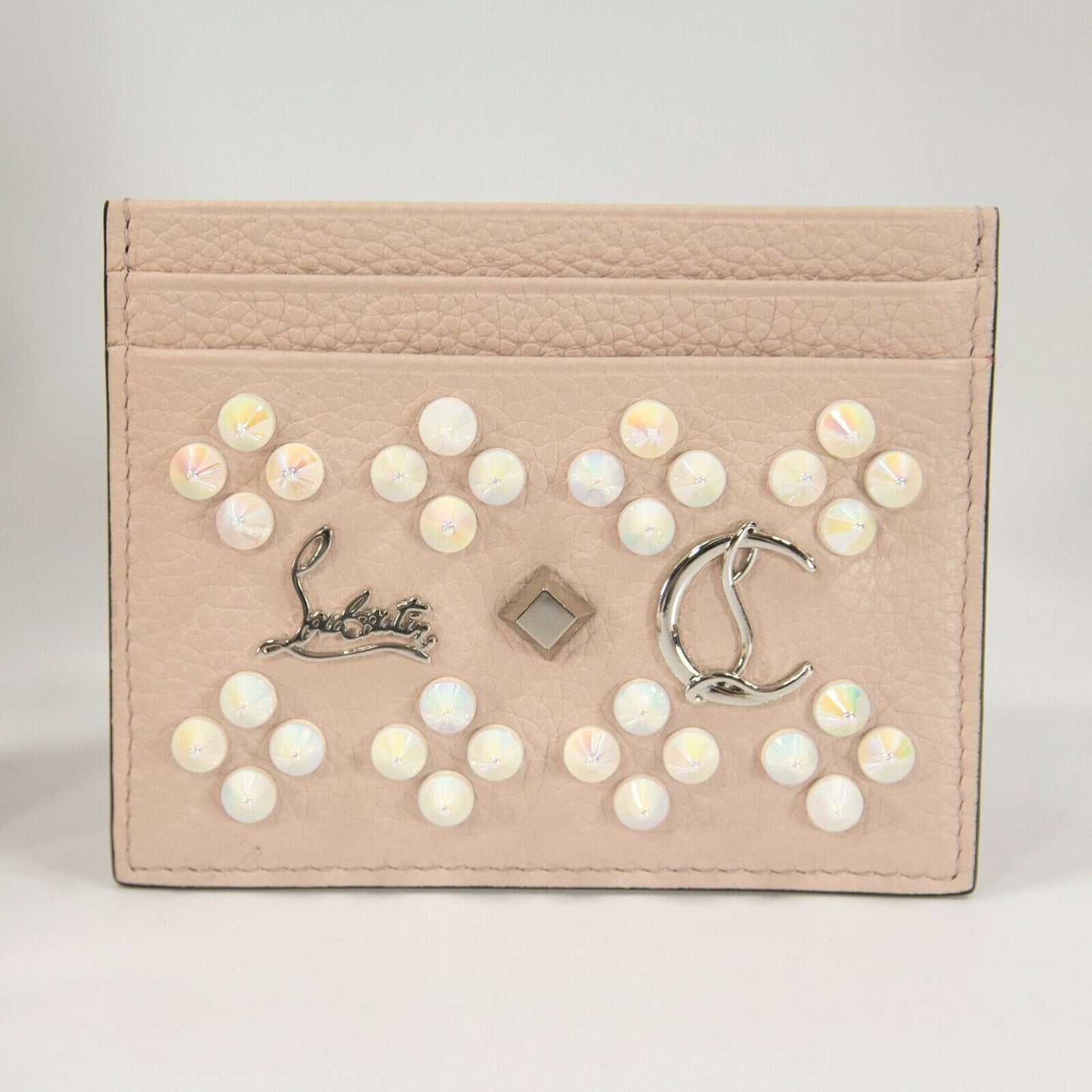 Christian Louboutin Kios Iridescent Studded Pink Leather Card Case Wallet NWT