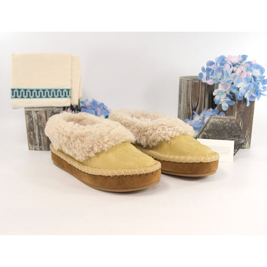 Tory Burch Cornbread Deer Leather Shearling Oversized Slipper Sz 7 NIB