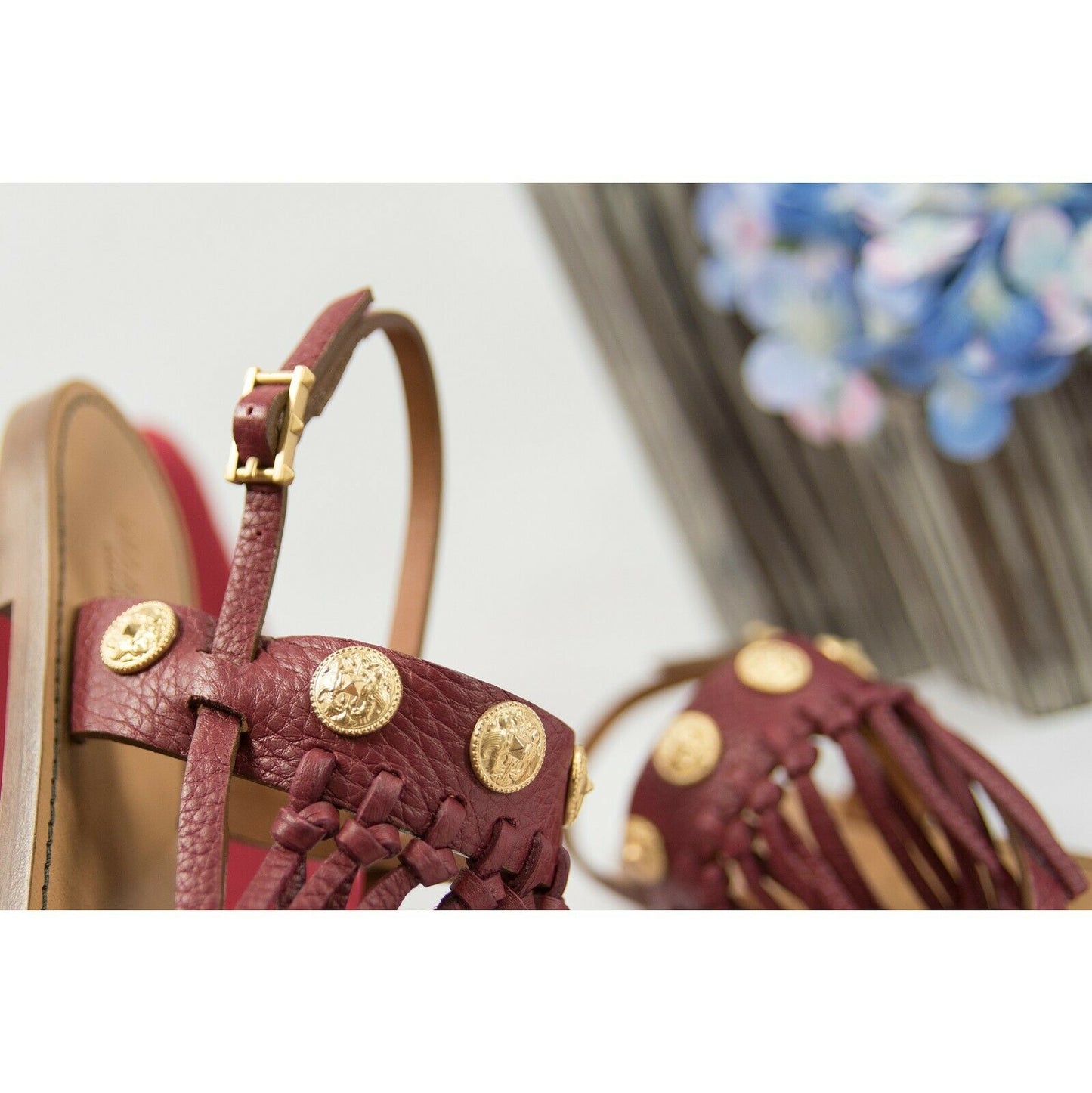 Valentino Scarlet Red Fringe Leather Medallion Flat Sandal 36 NIB