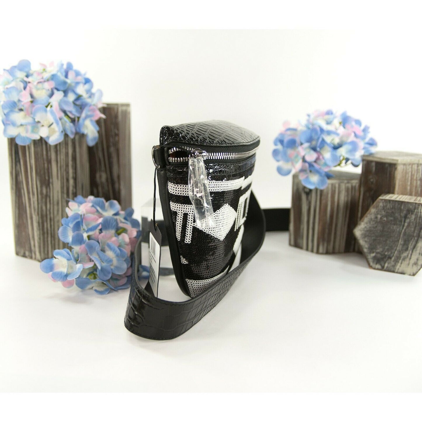 MCM Limited Edition Geo Croco Black White Sequin Logo Convertible Belt Bag NWT