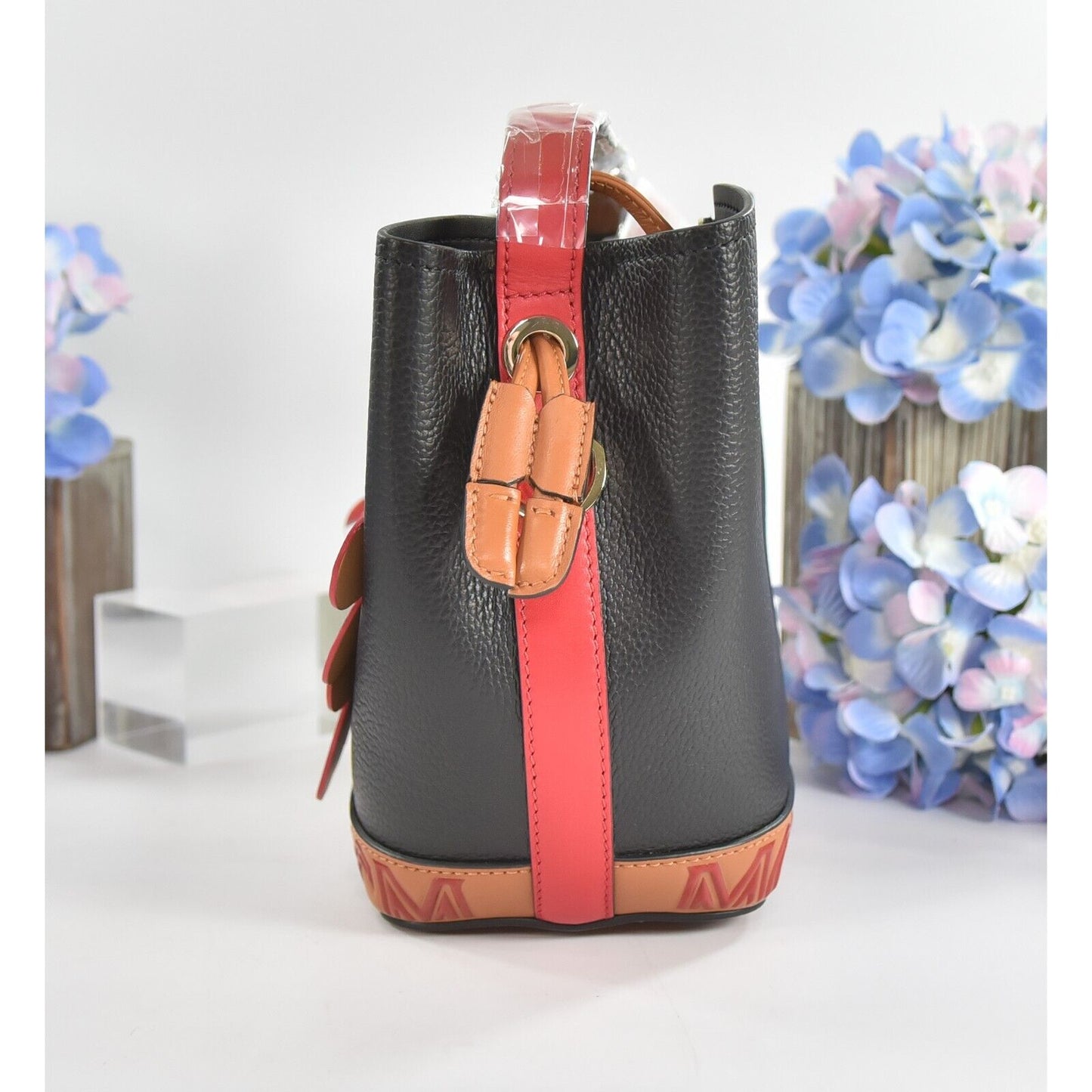 MCM Red Black Goatskin Mini Upcycling Project Flower Milano Drawstring Bag NWT